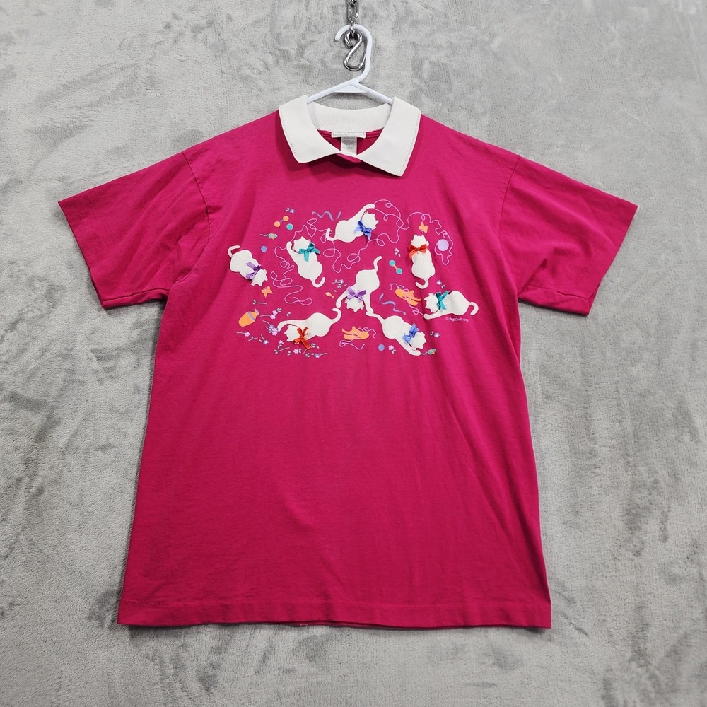 Vintage PegiGoff Shirt Women L Pink Cat Graphic Contrast Collar Bows Cottagecore